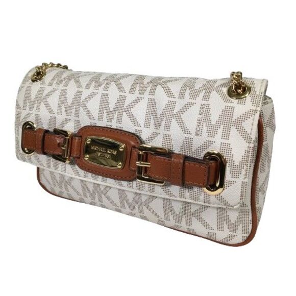 Michael Kors Hamilton Flap Vanilla Monogram Tan Leather Gold Chain Shoulder Bag - Picture 3 of 16